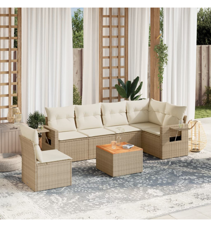 Salon de jardin avec coussins 7 pcs beige résine tressée | Mobilier & Déco