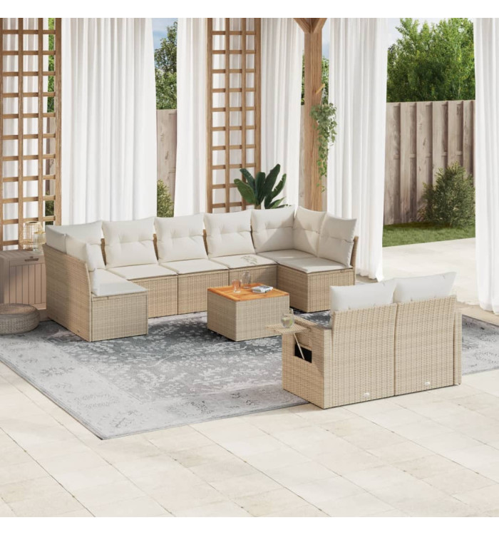 Salon de jardin avec coussins 10 pcs beige résine tressée | Mobilier & Déco