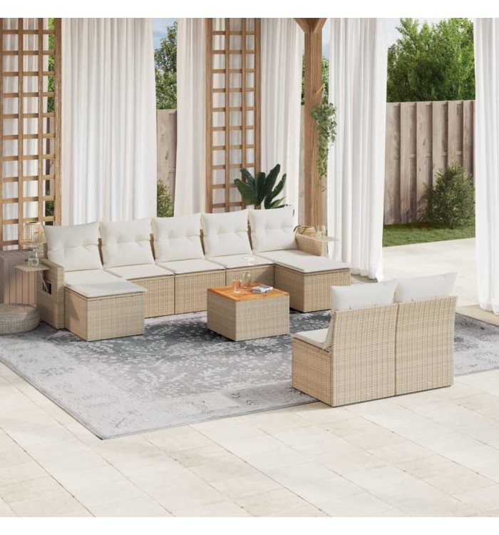 Salon de jardin avec coussins 10 pcs beige résine tressée | Mobilier & Déco