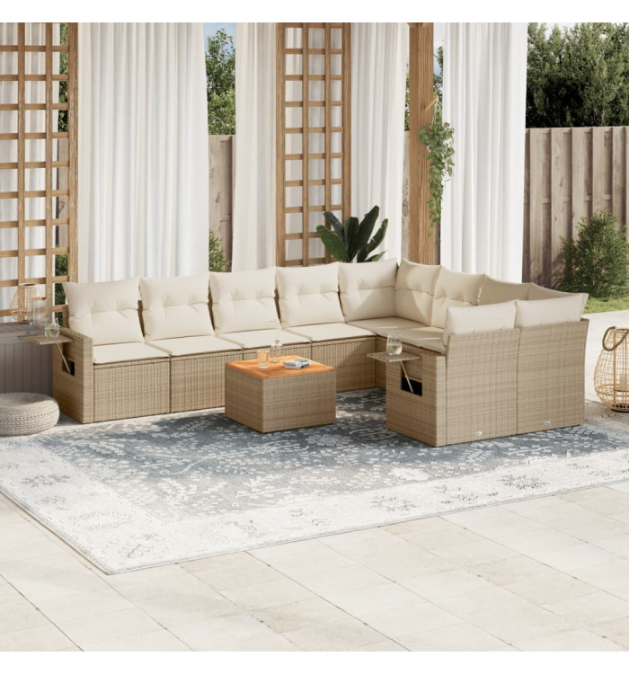 Salon de jardin avec coussins 10 pcs beige résine tressée | Mobilier & Déco
