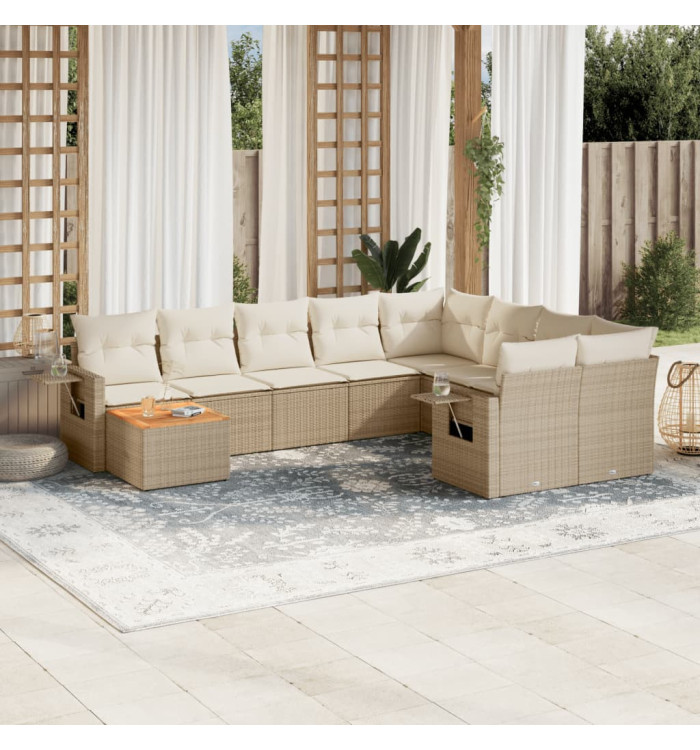 Salon de jardin avec coussins 10 pcs beige résine tressée | Mobilier & Déco