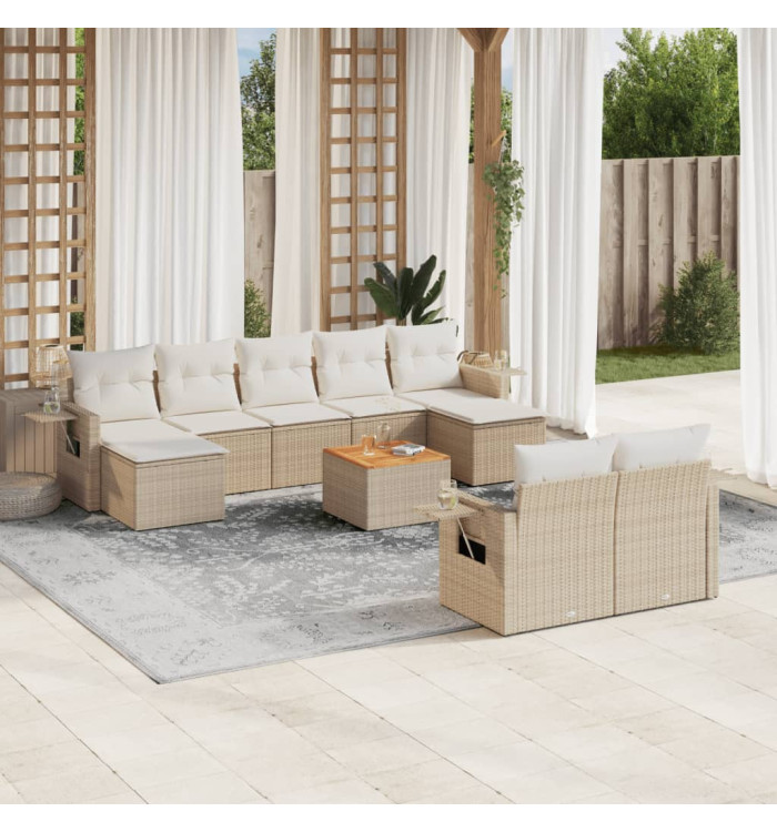 Salon de jardin avec coussins 10 pcs beige résine tressée | Mobilier & Déco