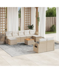 Salon de jardin avec coussins 10 pcs beige résine tressée | Mobilier & Déco