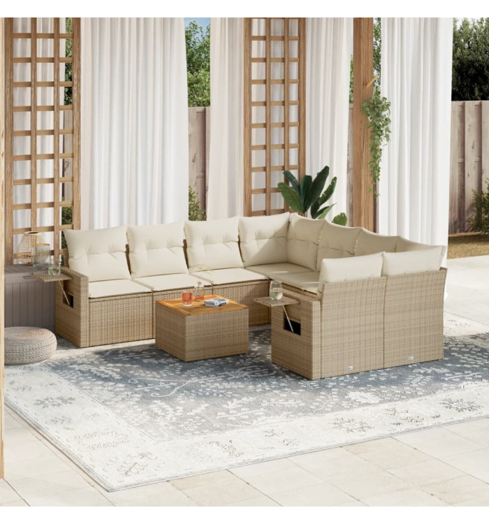 Salon de jardin avec coussins 9 pcs beige résine tressée | Mobilier & Déco