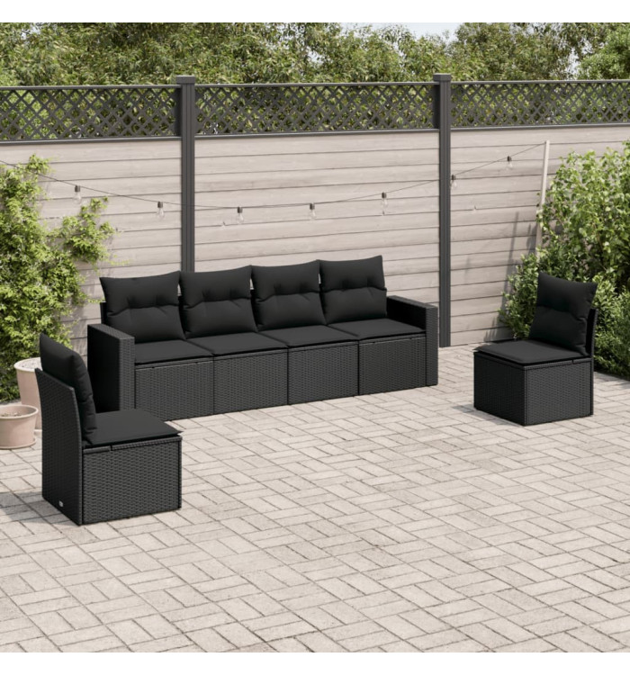 Salon de jardin 6 pcs avec coussins noir résine tressée | Mobilier & Déco