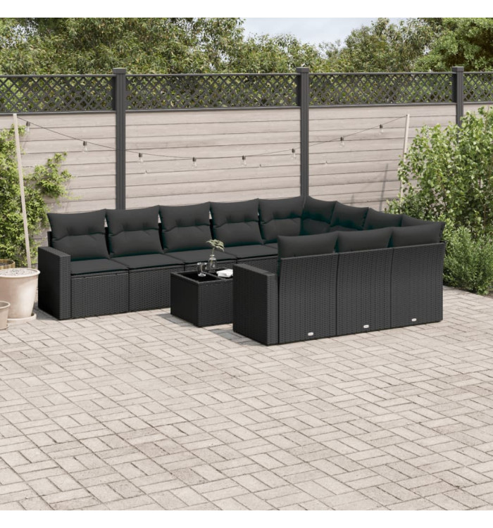 Salon de jardin 11 pcs avec coussins noir résine tressée | Mobilier & Déco