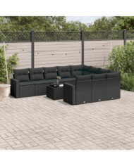 Salon de jardin 11 pcs avec coussins noir résine tressée | Mobilier & Déco