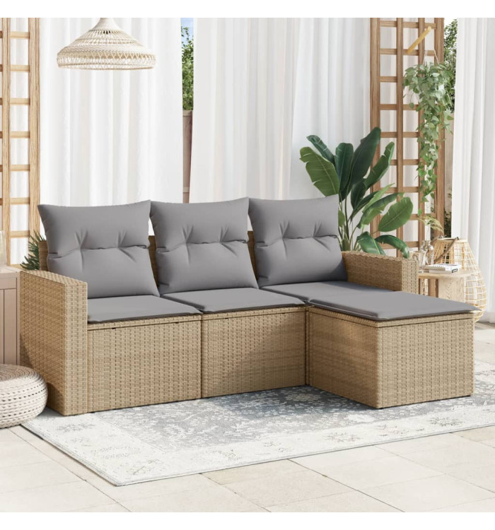 Salon de jardin avec coussins 4 pcs beige résine tressée | Mobilier & Déco