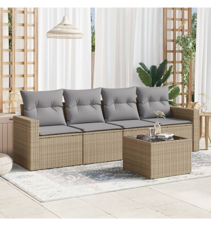 Salon de jardin avec coussins 5 pcs beige résine tressée | Mobilier & Déco