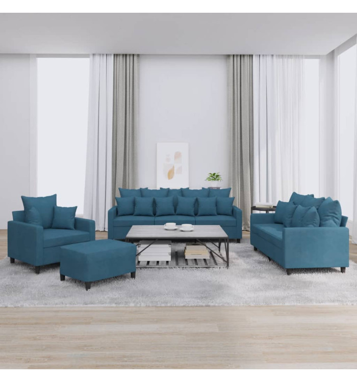 Ensemble de canapés 4 pcs avec coussins Bleu Velours | Mobilier & Déco