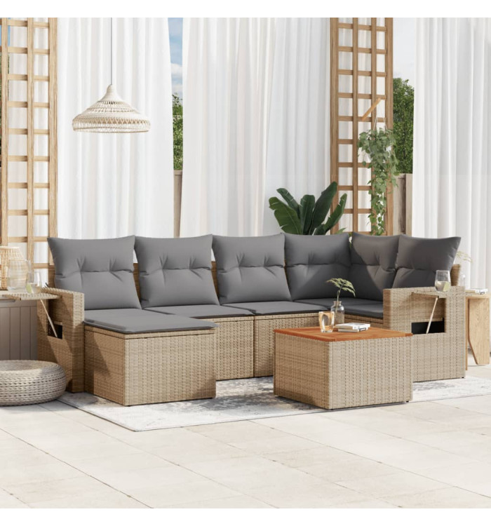 Salon de jardin avec coussins 7 pcs beige résine tressée | Mobilier & Déco
