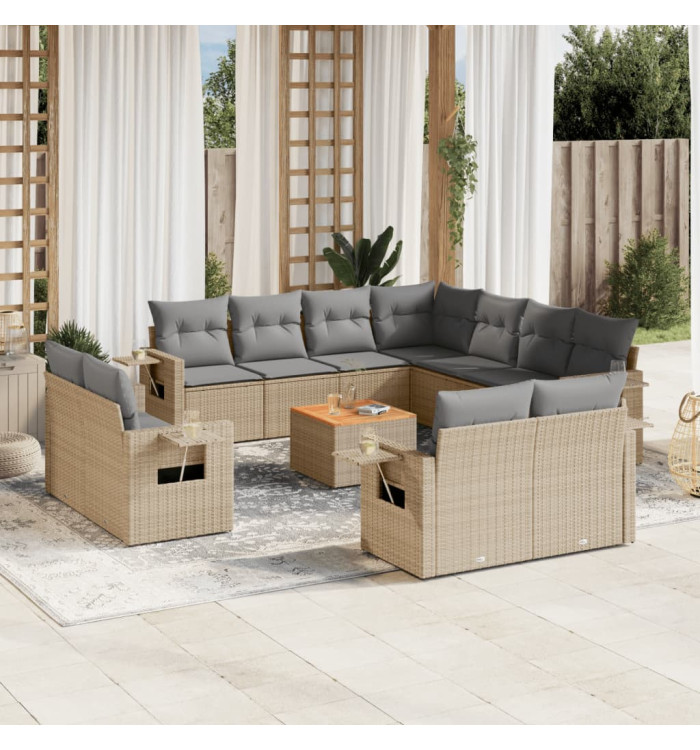 Salon de jardin avec coussins 12 pcs beige résine tressée | Mobilier & Déco