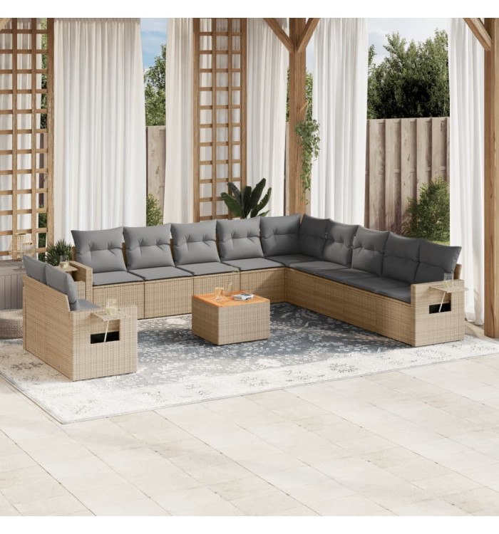 Salon de jardin avec coussins 12 pcs beige résine tressée | Mobilier & Déco