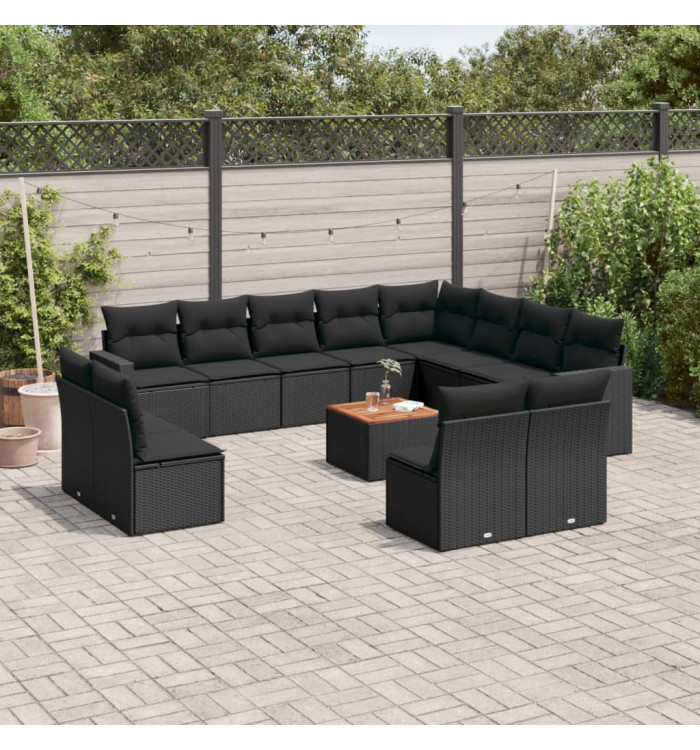Salon de jardin avec coussins 13 pcs noir résine tressée | Mobilier & Déco