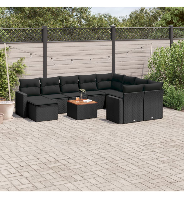 Salon de jardin 11 pcs avec coussins noir résine tressée | Mobilier & Déco