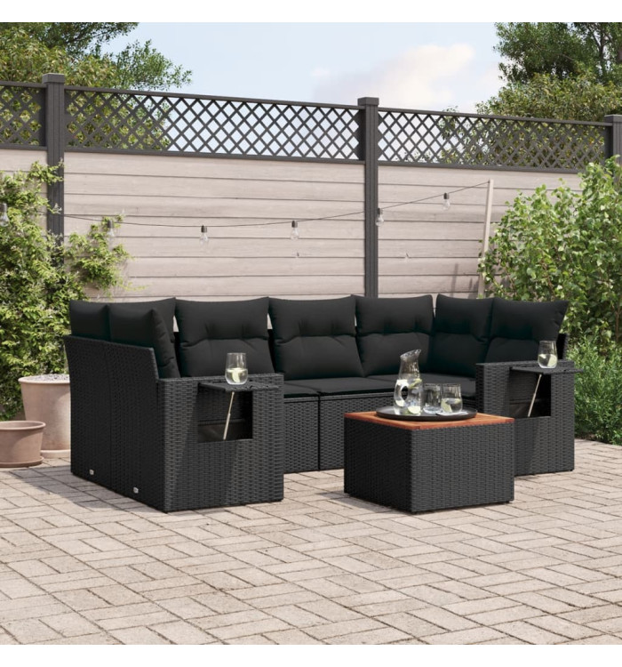 Salon de jardin 7 pcs avec coussins noir résine tressée | Mobilier & Déco