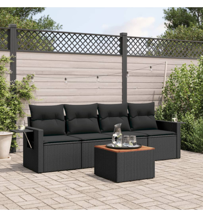 Salon de jardin 5 pcs avec coussins noir résine tressée | Mobilier & Déco