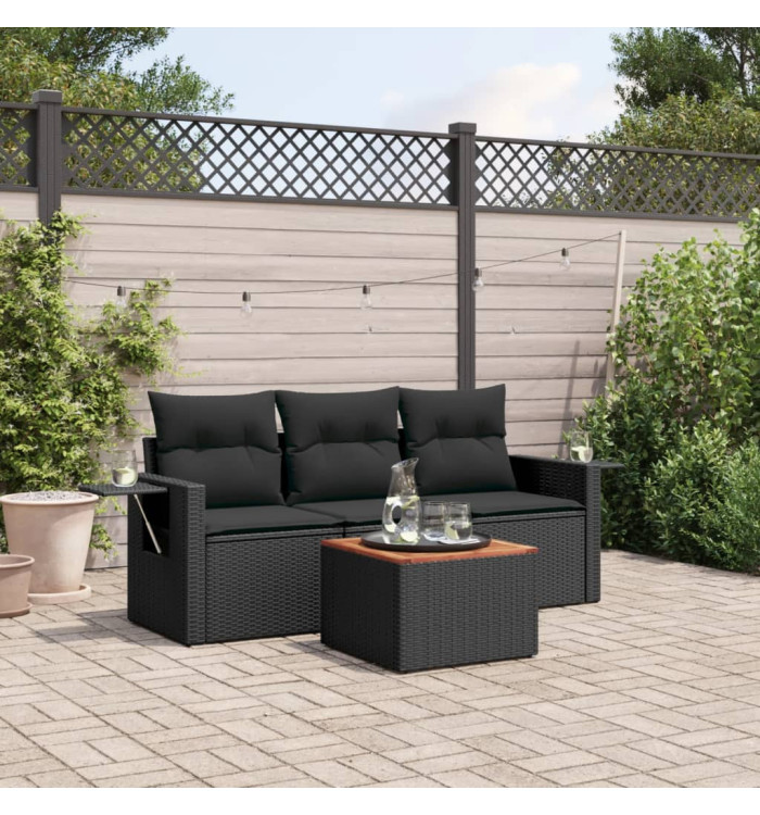Salon de jardin 4 pcs avec coussins noir résine tressée | Mobilier & Déco