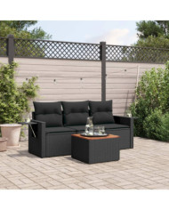 Salon de jardin 4 pcs avec coussins noir résine tressée | Mobilier & Déco