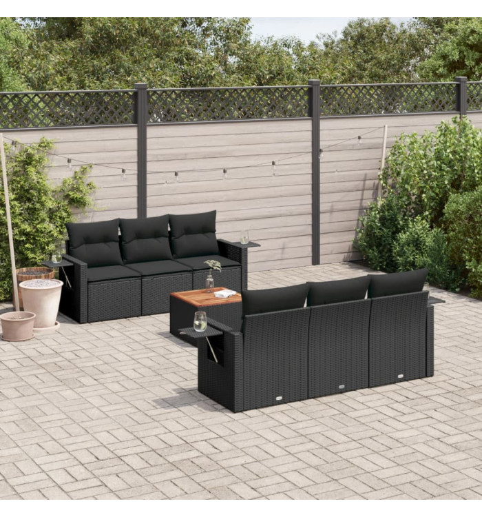 Salon de jardin 7 pcs avec coussins noir résine tressée | Mobilier & Déco