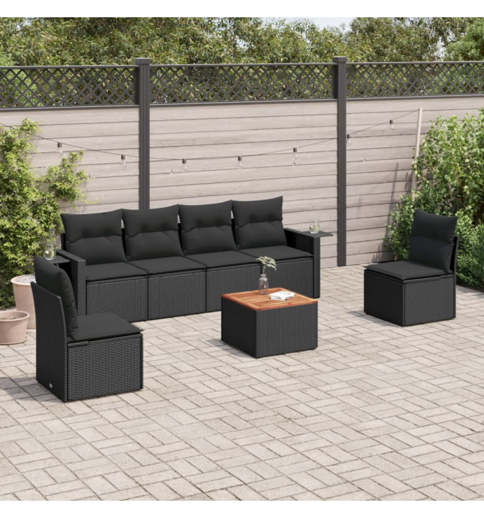 Salon de jardin 7 pcs avec coussins noir résine tressée | Mobilier & Déco