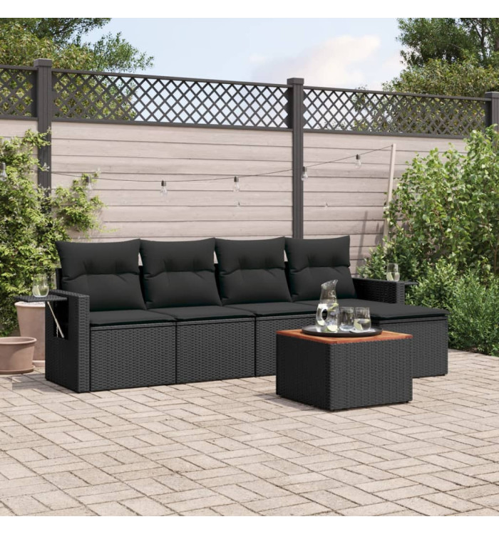 Salon de jardin 6 pcs avec coussins noir résine tressée | Mobilier & Déco