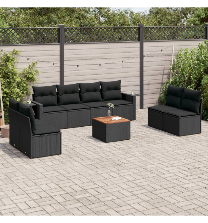 Salon de jardin 9 pcs avec coussins noir résine tressée | Mobilier & Déco