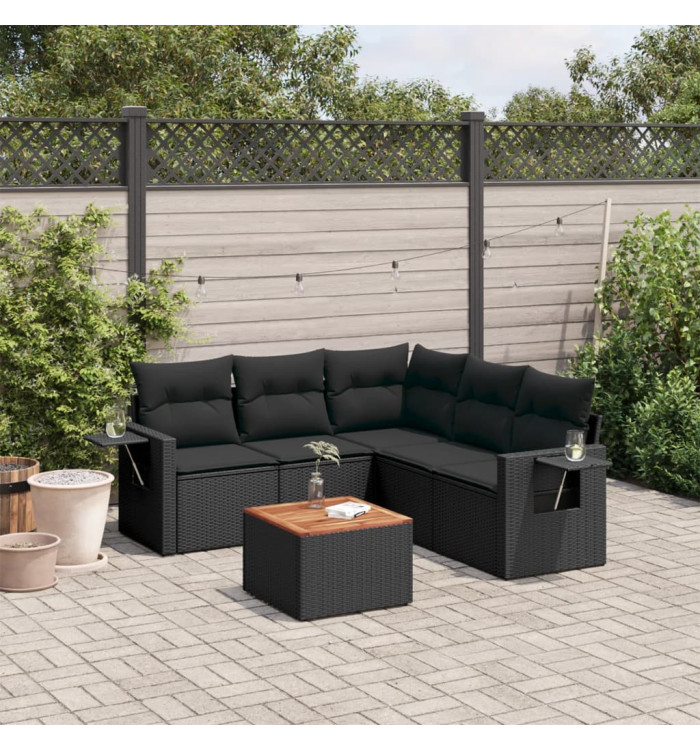 Salon de jardin 6 pcs avec coussins noir résine tressée | Mobilier & Déco