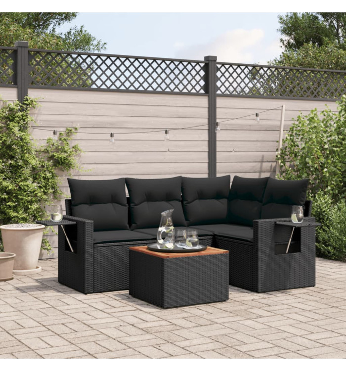 Salon de jardin 5 pcs avec coussins noir résine tressée | Mobilier & Déco
