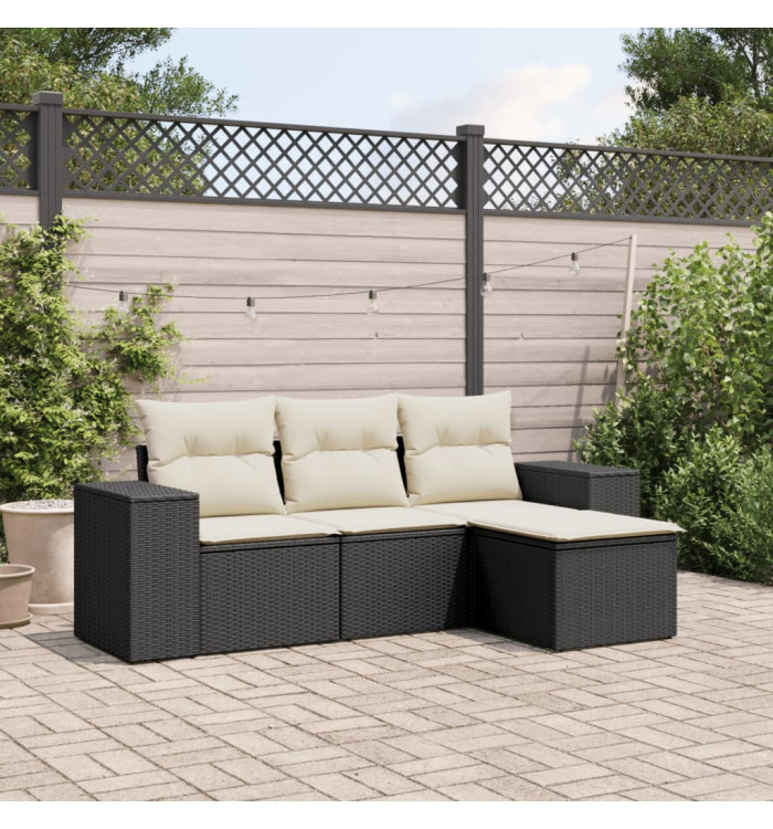 Salon de jardin 4 pcs avec coussins noir résine tressée | Mobilier & Déco