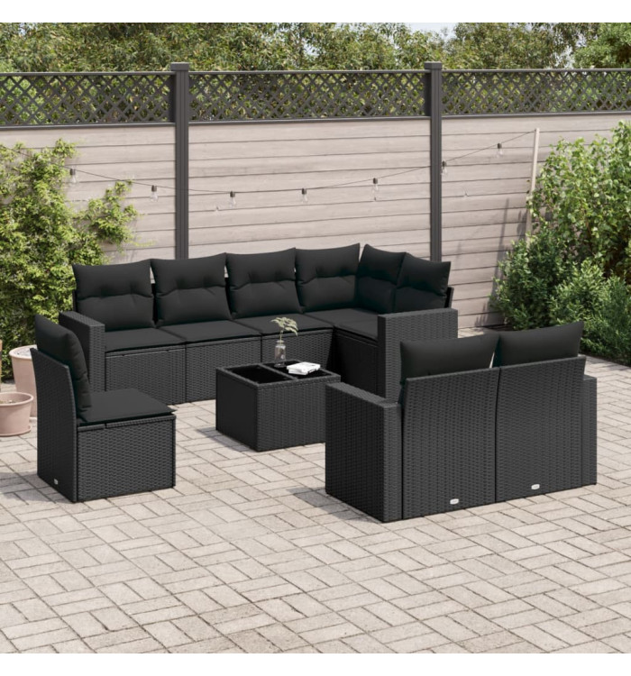 Salon de jardin 9 pcs avec coussins noir résine tressée | Mobilier & Déco