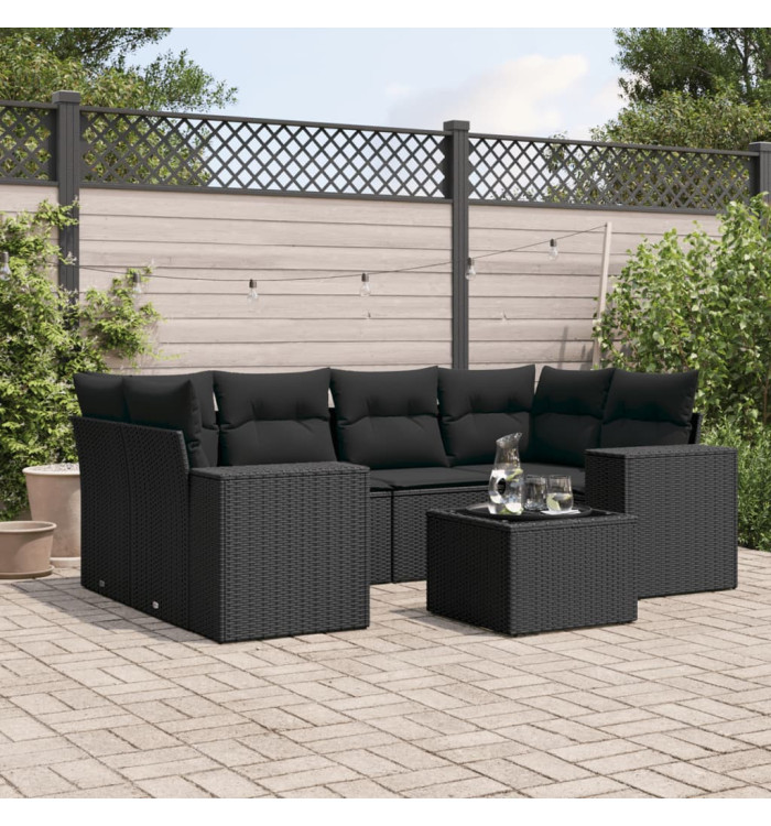 Salon de jardin 7 pcs avec coussins noir résine tressée | Mobilier & Déco