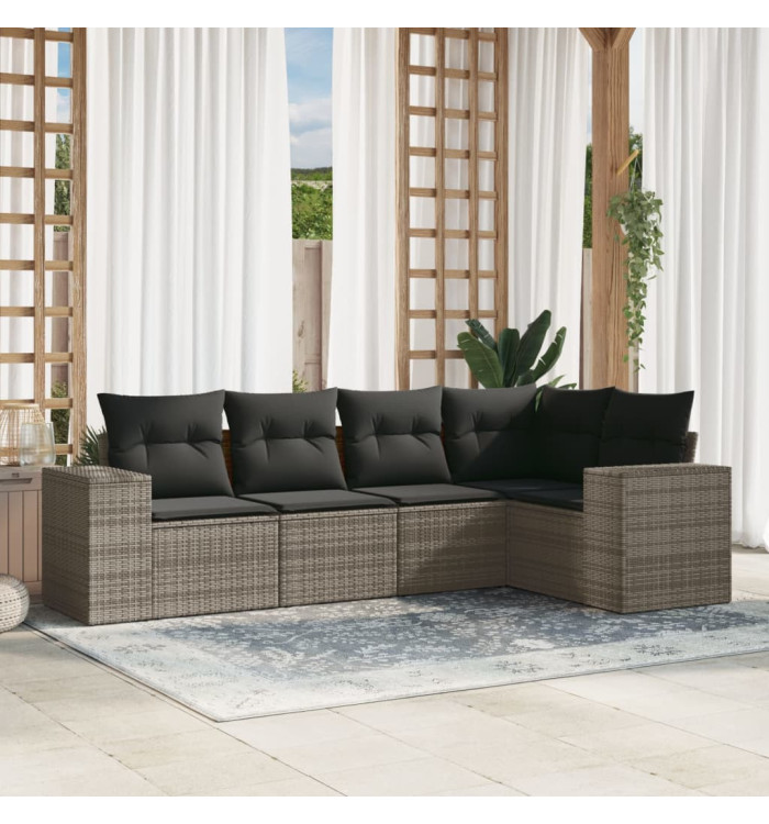 Salon de jardin 5 pcs avec coussins gris résine tressée | Mobilier & Déco