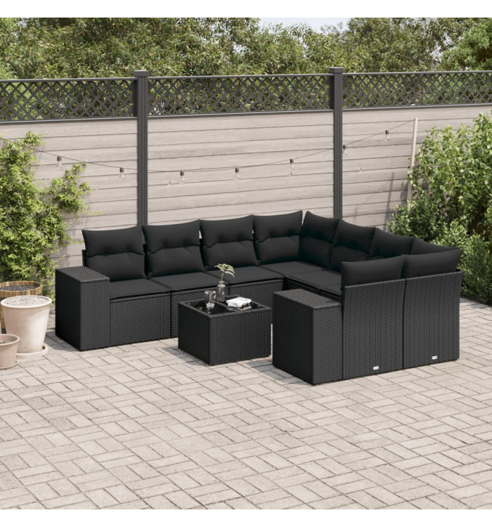Salon de jardin 9 pcs avec coussins noir résine tressée | Mobilier & Déco