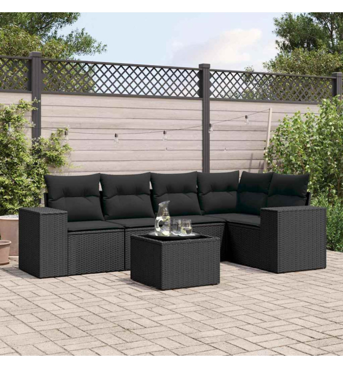 Salon de jardin 6 pcs avec coussins noir résine tressée | Mobilier & Déco