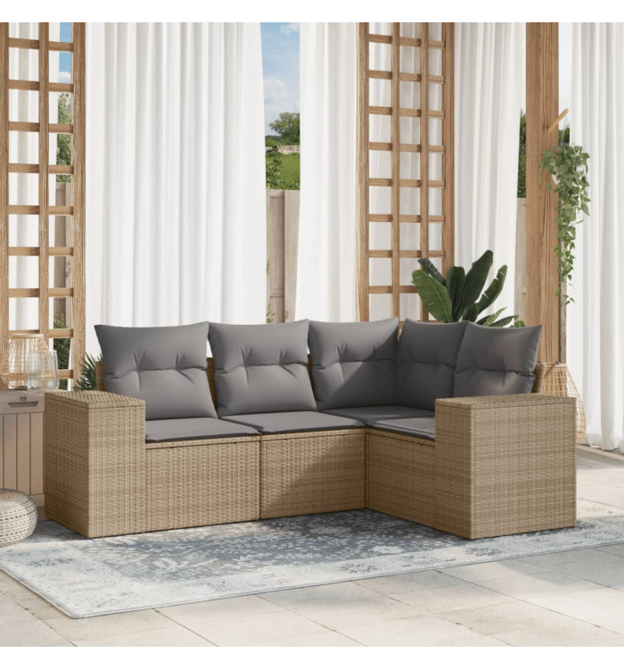 Salon de jardin avec coussins 4 pcs beige résine tressée | Mobilier & Déco