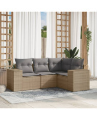 Salon de jardin avec coussins 4 pcs beige résine tressée | Mobilier & Déco