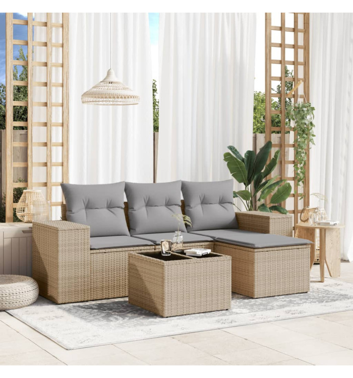 Salon de jardin avec coussins 5 pcs beige résine tressée | Mobilier & Déco