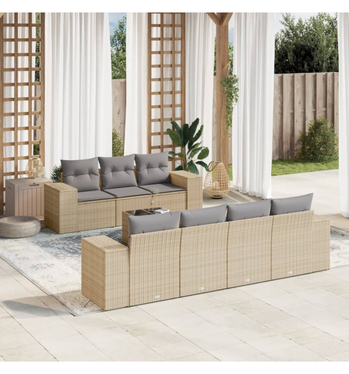 Salon de jardin avec coussins 8 pcs beige résine tressée | Mobilier & Déco