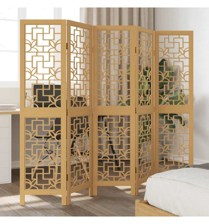Cloison de séparation 5 panneaux marron bois paulownia massif | Mobilier & Déco