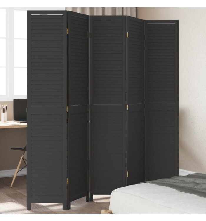Cloison de séparation 5 panneaux noir bois de paulownia massif | Mobilier & Déco