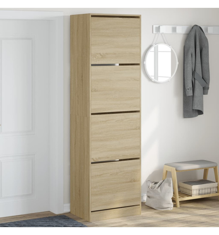 Armoire à chaussures 4 tiroirs rabattables chêne 60x42x204 cm | Mobilier & Déco