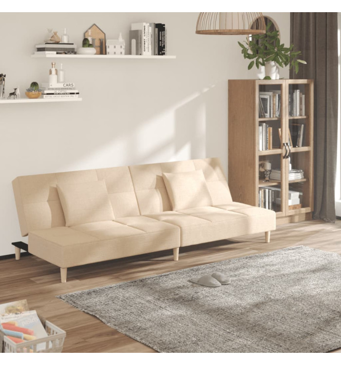 Canapé-lit à 2 places avec deux oreillers crème tissu | Mobilier & Déco