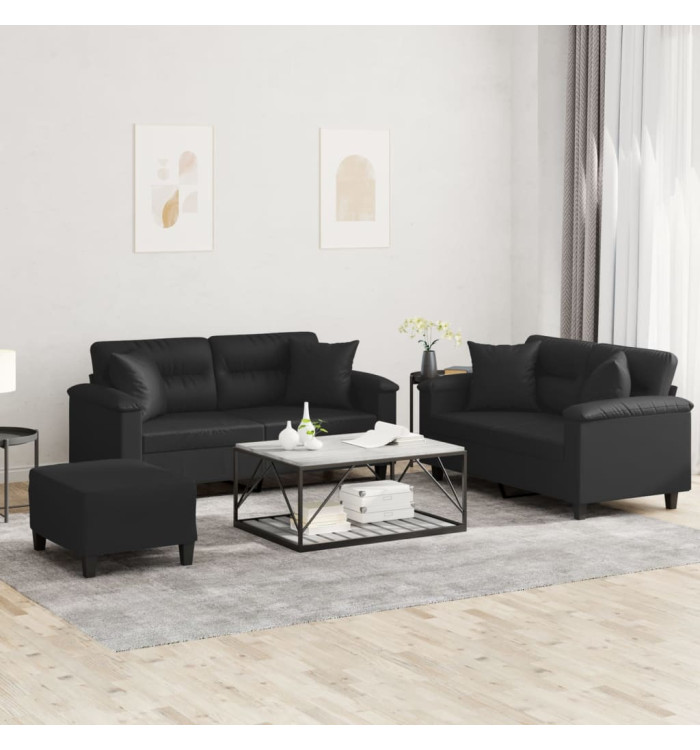 Ensemble de canapés 3 pcs avec coussins noir similicuir | Mobilier & Déco
