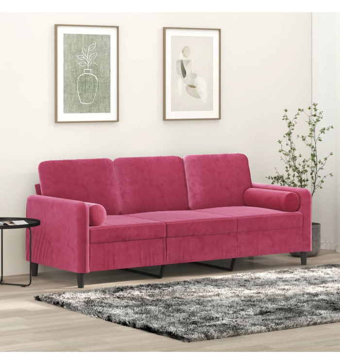 Canapé 3 places avec oreillers bordeaux 180 cm velours | Mobilier & Déco