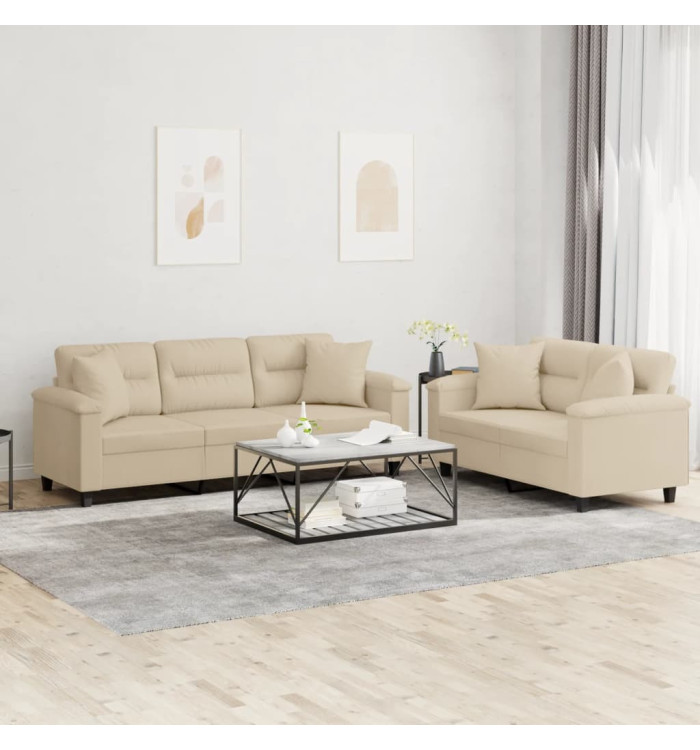 Ensemble de canapés 2 pcs avec coussins Crème Tissu microfibre | Mobilier & Déco