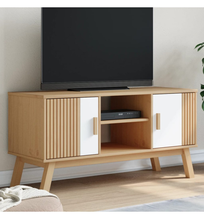 Meuble TV OLDEN blanc et marron 114x43x57 cm bois de pin massif | Mobilier & Déco