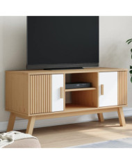 Meuble TV OLDEN blanc et marron 114x43x57 cm bois de pin massif | Mobilier & Déco