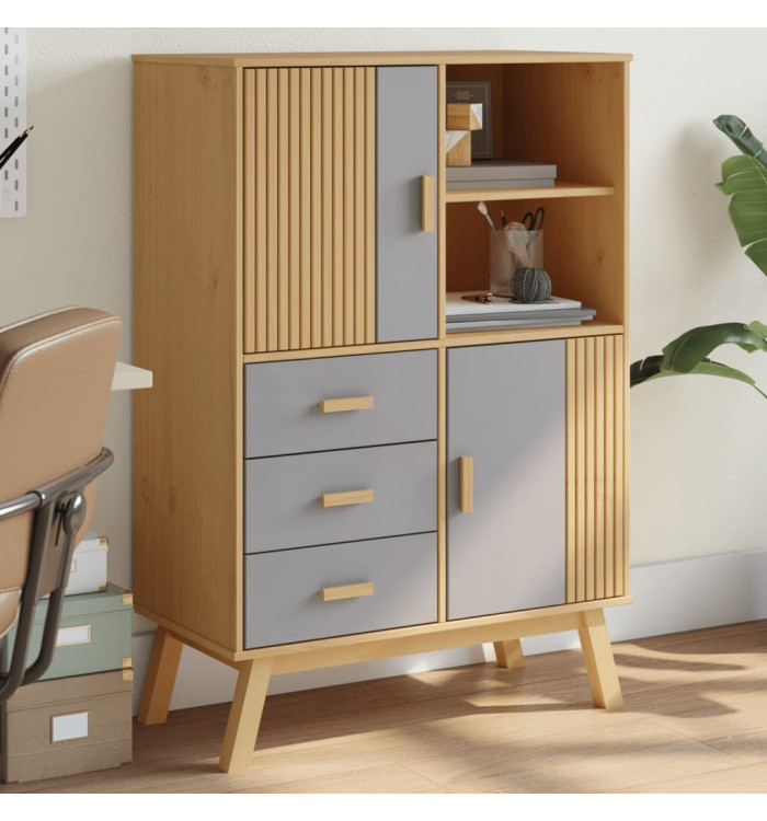 Buffet haut OLDEN gris et marron 85x43x125cm bois massif de pin | Mobilier & Déco