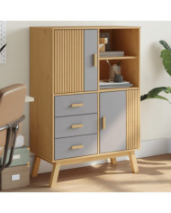 Buffet haut OLDEN gris et marron 85x43x125cm bois massif de pin | Mobilier & Déco